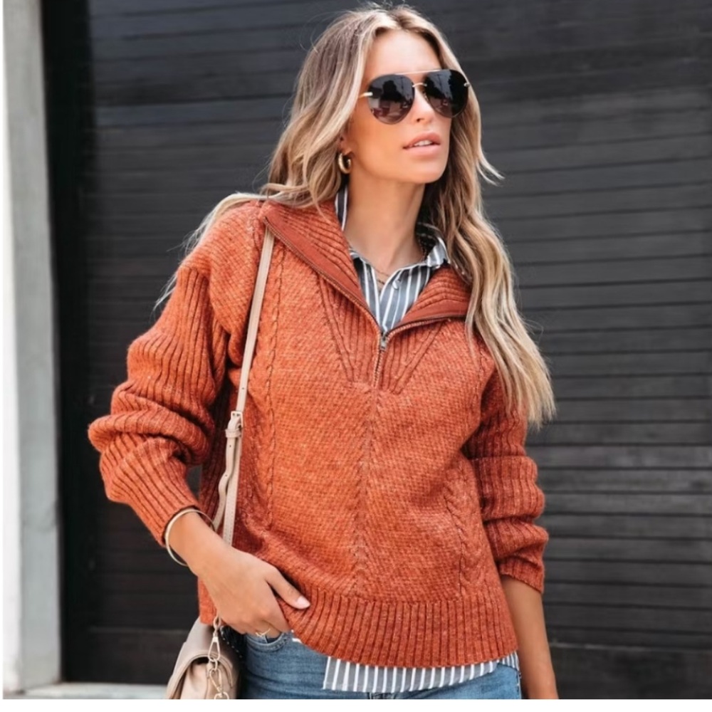 Rust Orange Cable Knit Half Zip Pullover Women Sweater.